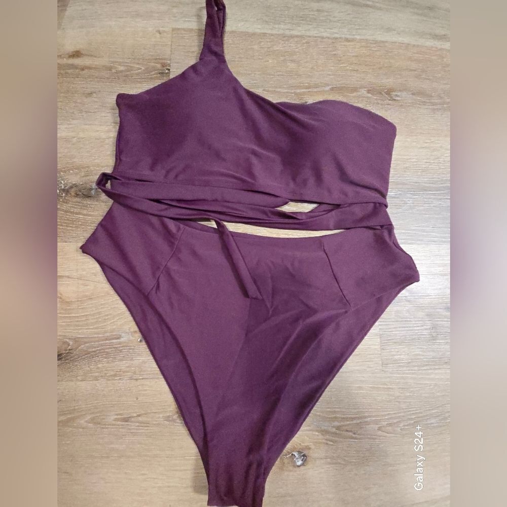 Purple High-Waisted Bikini Set with Sports Bra Top - Picture 4 of 8